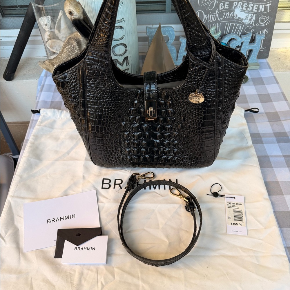 Brahmin Croc-Embossed Black Shoulder Bag